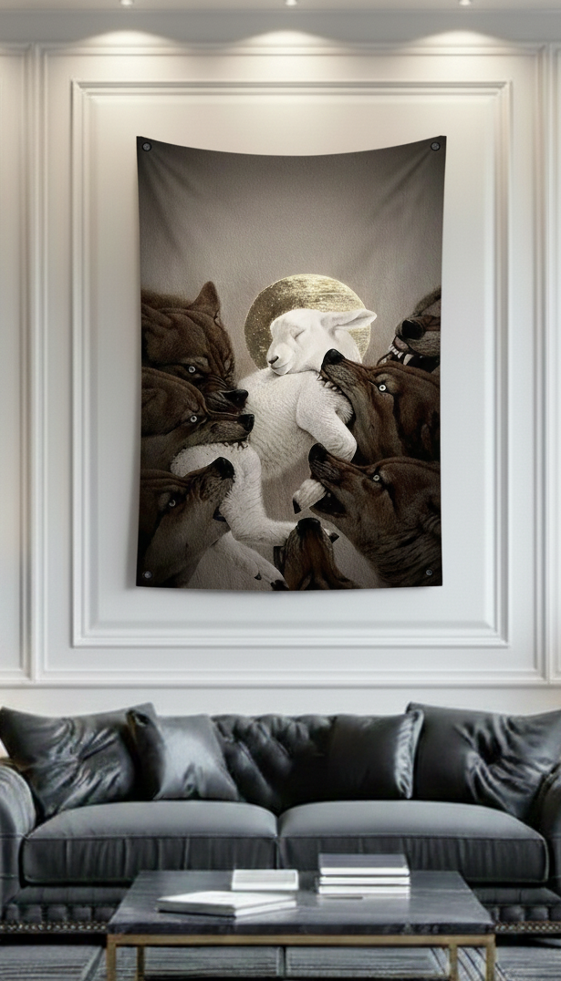 Lamb among wolves velvet wall tapestry – room mockup showing tapestry hung on bedroom wall