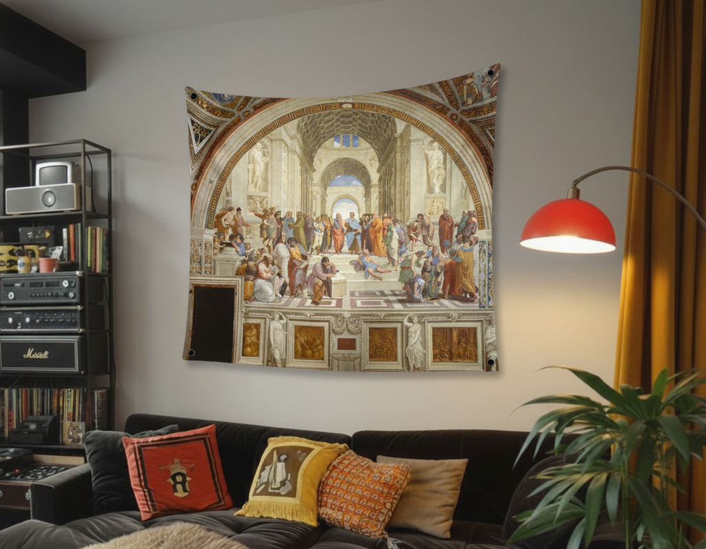Raphael School of Athens velvet wall tapestry – room mockup showing tapestry hung on living room wall