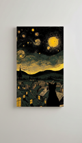 Starry Night black cat velvet wall tapestry – black cat silhouette against Van Gogh-inspired swirling night sky flat product view