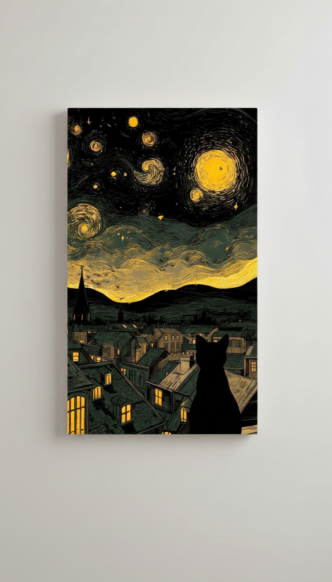 Starry Night black cat velvet wall tapestry – black cat silhouette against Van Gogh-inspired swirling night sky flat product view