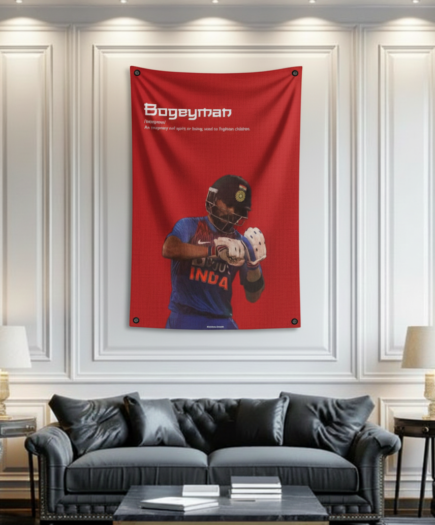 Virat Kohli velvet wall tapestry – room mockup showing tapestry hung on bedroom wall