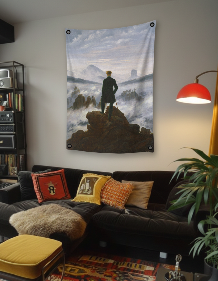 Wanderer Above the Sea of Fog velvet wall tapestry – room mockup showing tapestry hung on bedroom wall