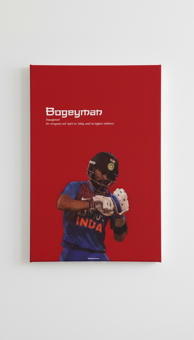 Virat Kohli velvet wall tapestry – Bogeyman stance on fiery red background with Team India blue and dictionary definition flat product view