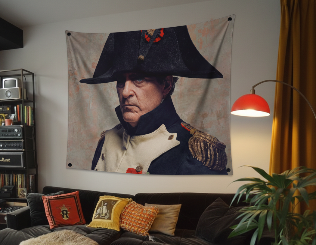 Napoleon Bonaparte portrait velvet wall tapestry – room mockup showing tapestry hung on bedroom wall