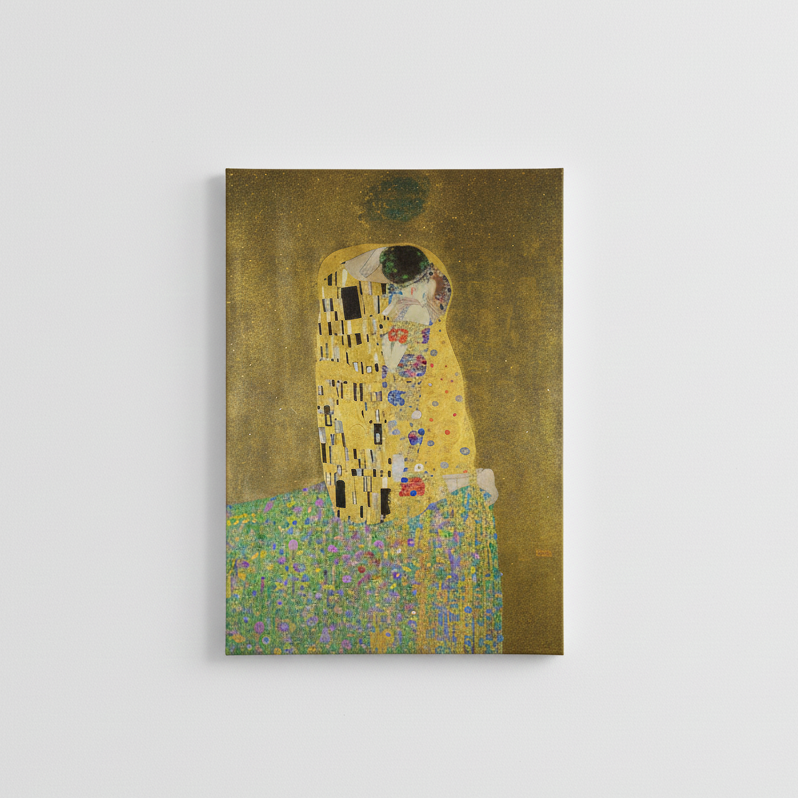 The Kiss by Klimt velvet wall tapestry – iconic gold art nouveau embracing couple flat product view
