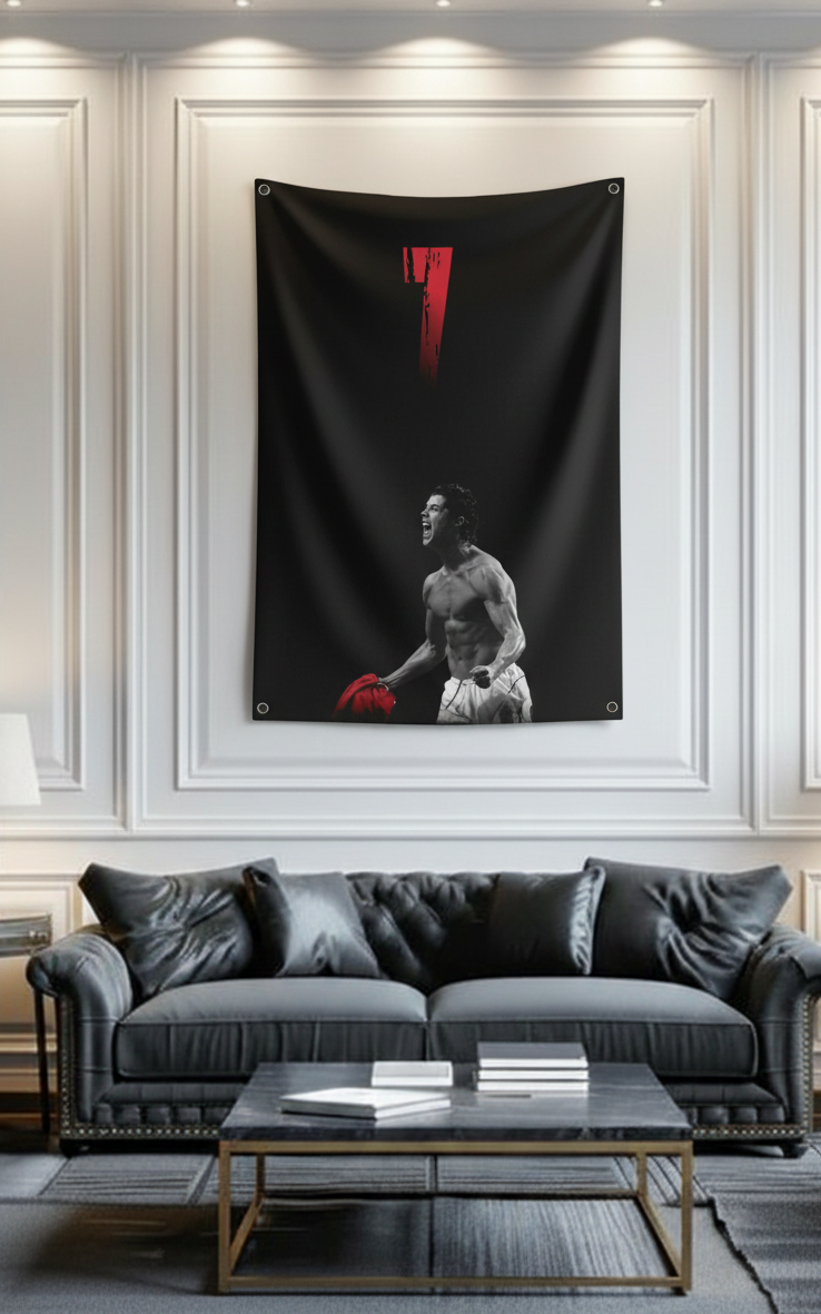 Cristiano Ronaldo CR7 dark velvet wall tapestry – dramatic black and red minimal football portrait with iconic CR7 pose
