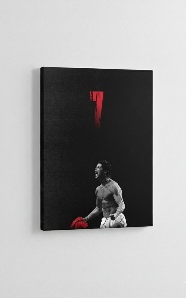 Cristiano Ronaldo CR7 dark velvet wall tapestry – cinematic black background with bold red brushstroke number 7 and shirtless celebration pose