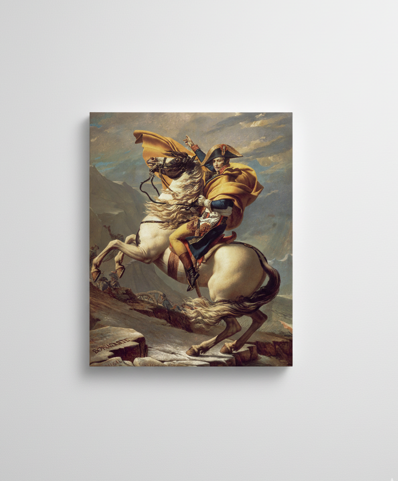 Napoleon Crossing the Alps velvet wall tapestry – Napoleon on rearing horse crossing mountain pass classical painting flat product view
