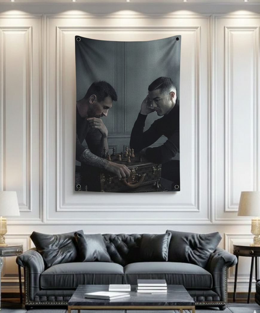 Messi vs Ronaldo chess velvet wall tapestry – moody black editorial portrait of Messi and Ronaldo facing off over a chess board