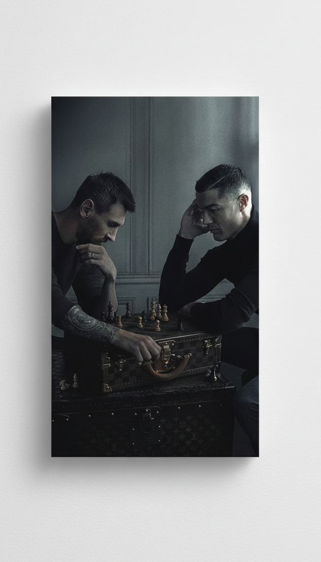 Messi vs Ronaldo chess velvet wall tapestry – dark cinematic editorial shot of two football GOATs in black playing luxury chess