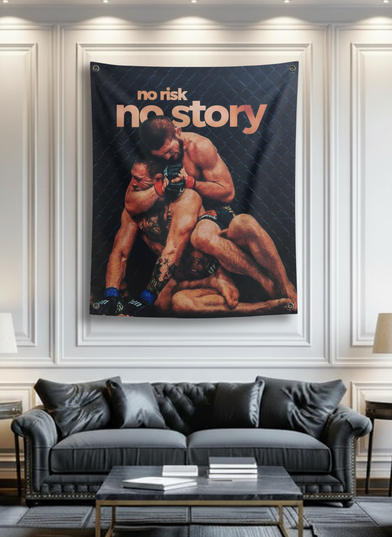 No Risk No Story MMA velvet wall tapestry – UFC octagon aesthetic with dark tones and bold motivational quote for home gym