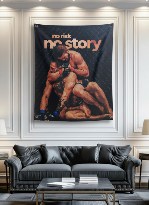 No Risk No Story MMA velvet wall tapestry – UFC octagon aesthetic with dark tones and bold motivational quote for home gym