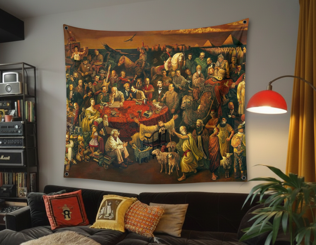 Greatest minds in history velvet wall tapestry – room mockup showing tapestry hung on living room wall