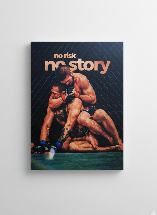 No Risk No Story MMA velvet wall tapestry – dark diamond-pattern background with two fighters in ground and pound and bold copper motivational text