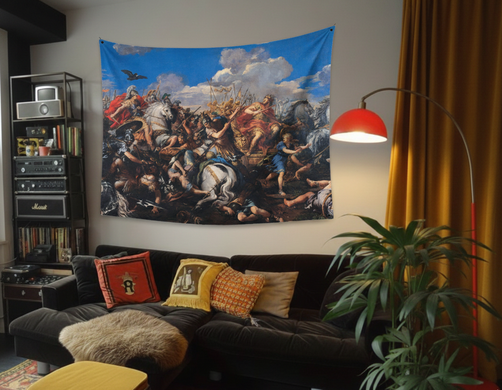 Alexander the Great battle velvet wall tapestry – room mockup showing tapestry hung on living room wall