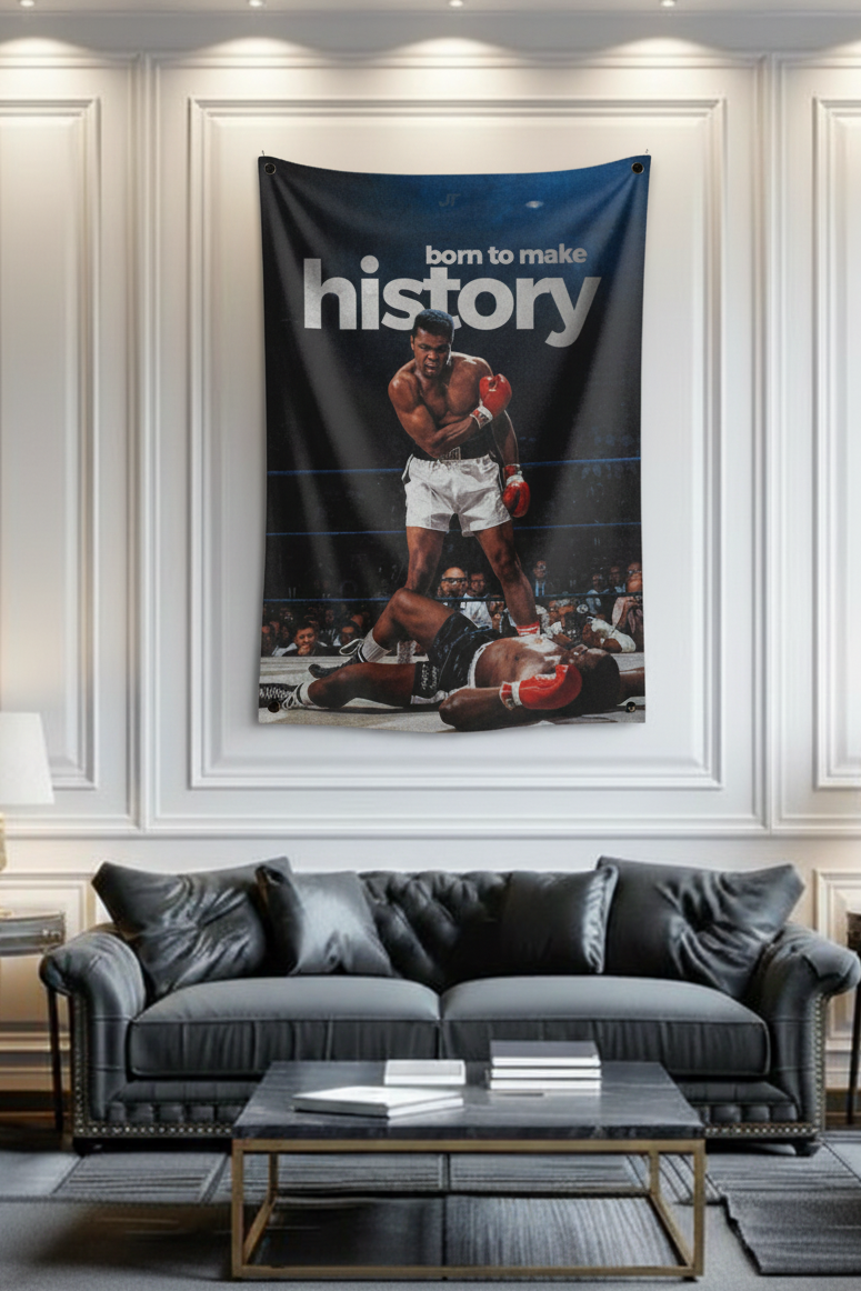 Muhammad Ali velvet wall tapestry – room mockup showing tapestry hung on bedroom wall