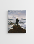 Wanderer Above the Sea of Fog velvet wall tapestry – lone figure standing above misty sea of fog Caspar Friedrich painting flat product view