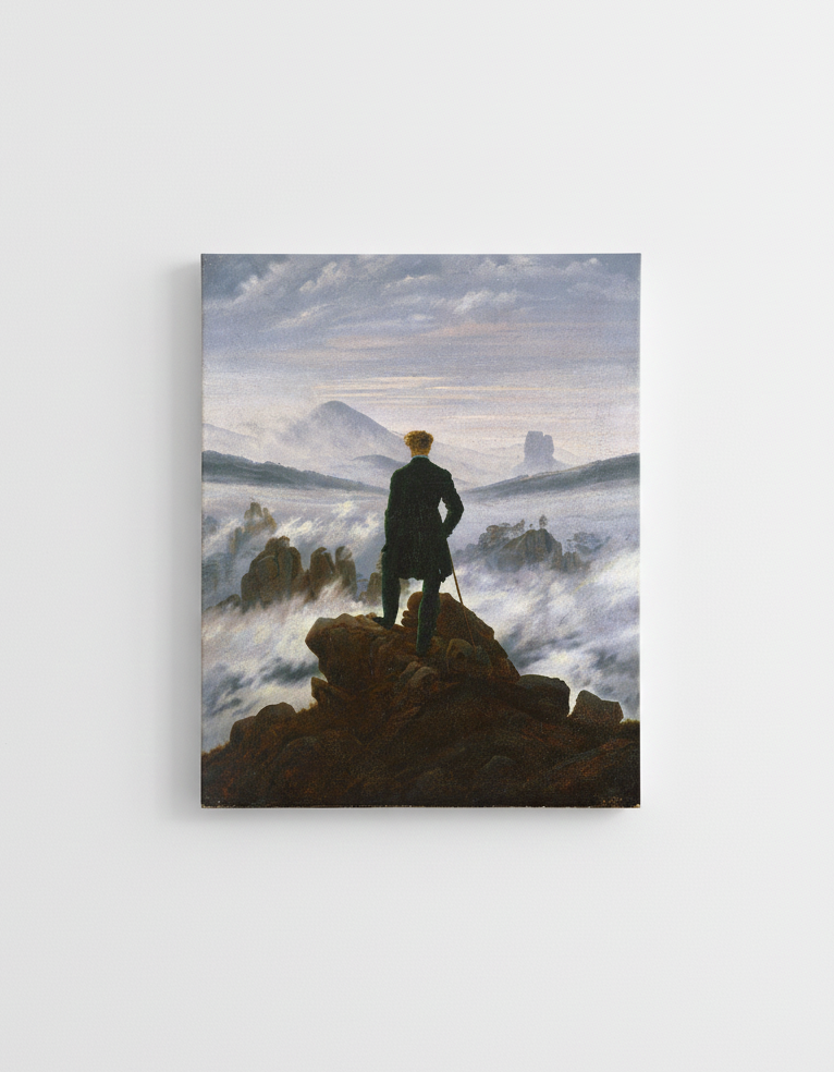 Wanderer Above the Sea of Fog velvet wall tapestry – lone figure standing above misty sea of fog Caspar Friedrich painting flat product view