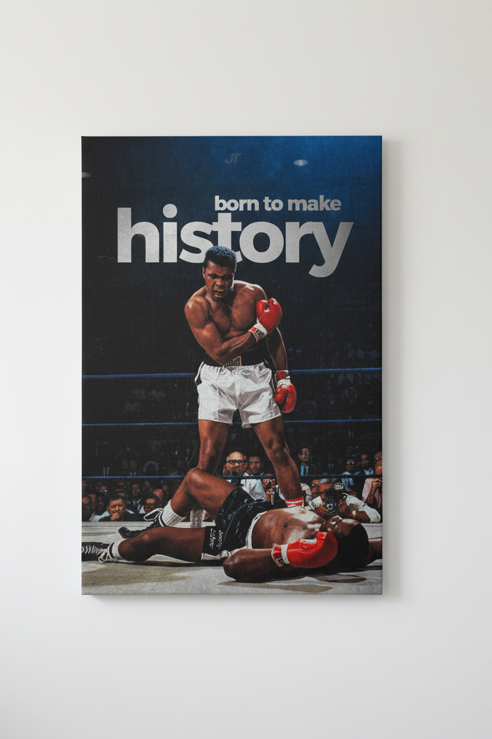 Muhammad Ali velvet wall tapestry – iconic standing over Liston moment with Born to Make History typography flat product view