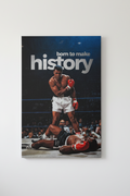 Muhammad Ali velvet wall tapestry – iconic standing over Liston moment with Born to Make History typography flat product view