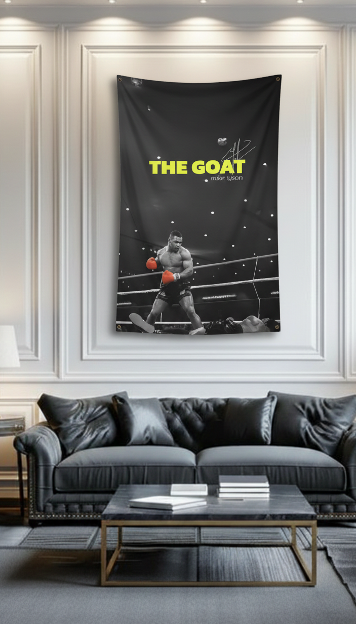 Mike Tyson The GOAT velvet wall tapestry – dark cinematic boxing portrait with neon yellow and orange accents and signature art