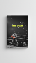 Mike Tyson The GOAT velvet wall tapestry – Iron Mike standing over knocked-out opponent with neon yellow title text and orange gloves on dark B&W background