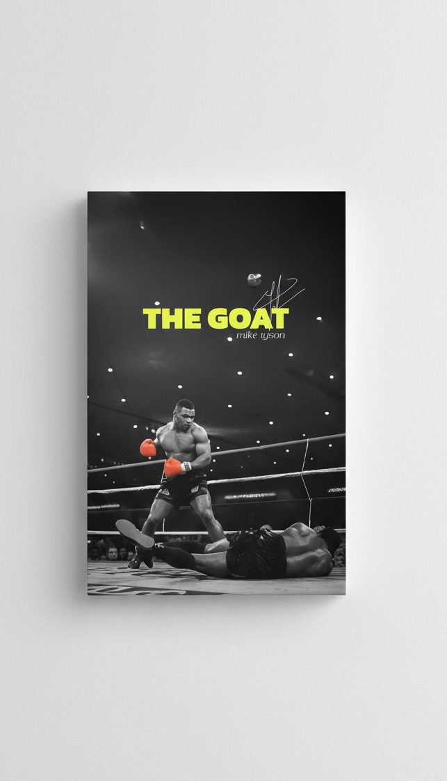 Mike Tyson The GOAT velvet wall tapestry – Iron Mike standing over knocked-out opponent with neon yellow title text and orange gloves on dark B&W background