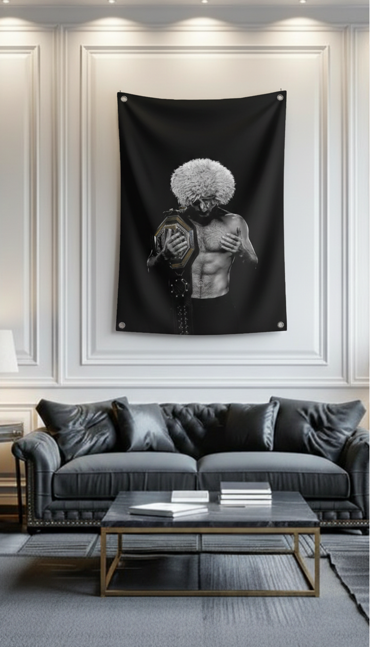 Khabib Nurmagomedov UFC Belt velvet wall tapestry – undefeated MMA champion monochrome portrait with championship belt detail