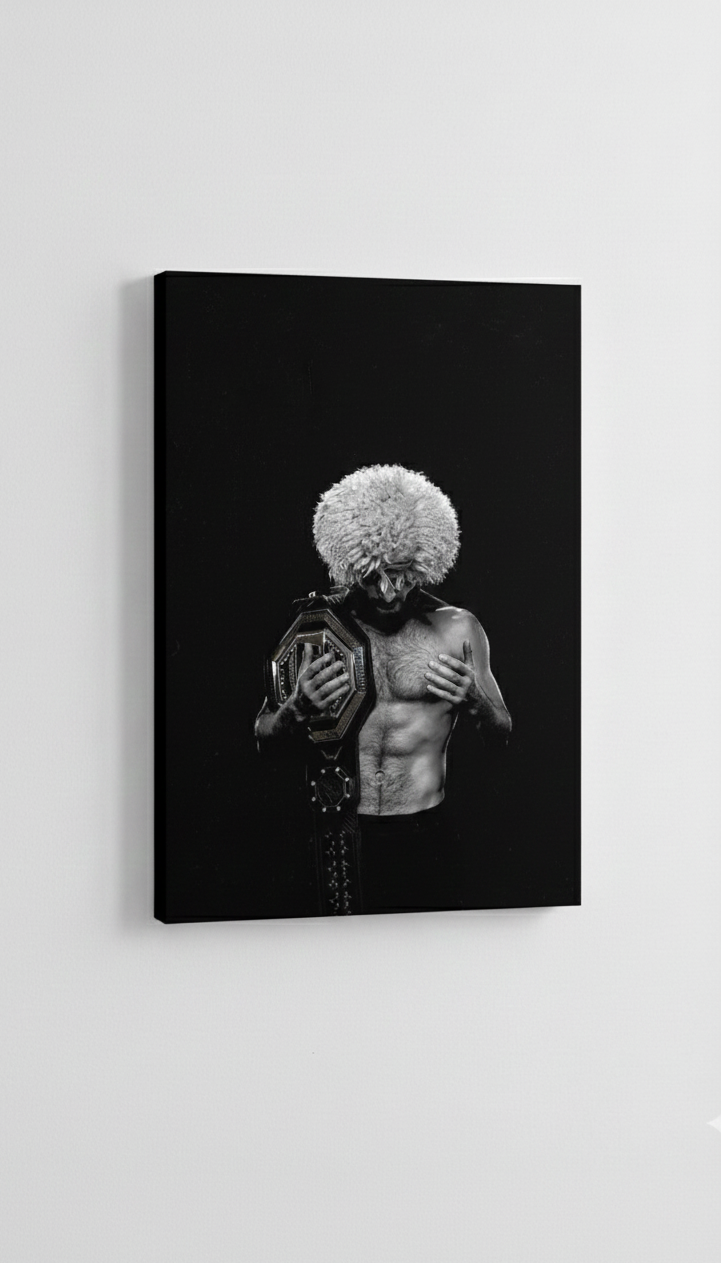 Khabib Nurmagomedov UFC Belt velvet wall tapestry – minimal black and white portrait with belt in hand and papakha on pure black background