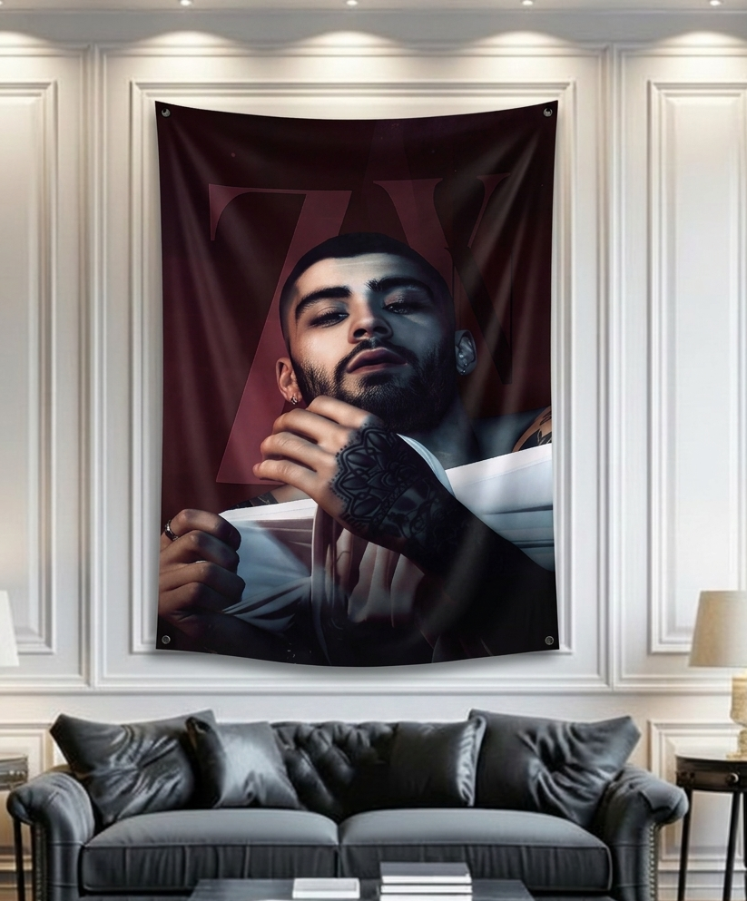 Zayn Malik velvet wall tapestry – moody music fan art mockup in deep burgundy and dark aesthetic tones