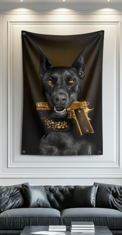 Doberman gold gun velvet wall tapestry – room mockup showing tapestry hung on bedroom wall