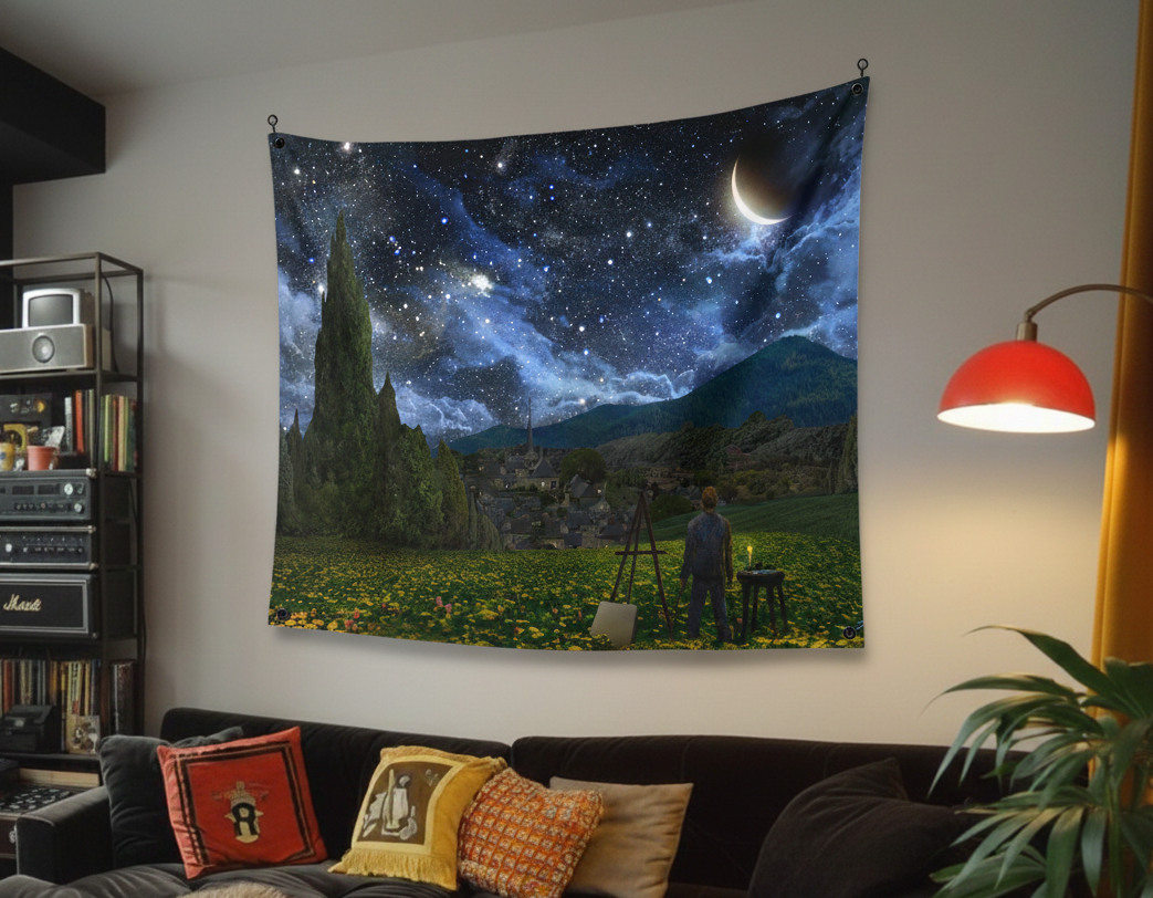 Starry night painter velvet wall tapestry – room mockup showing tapestry hung on bedroom wall