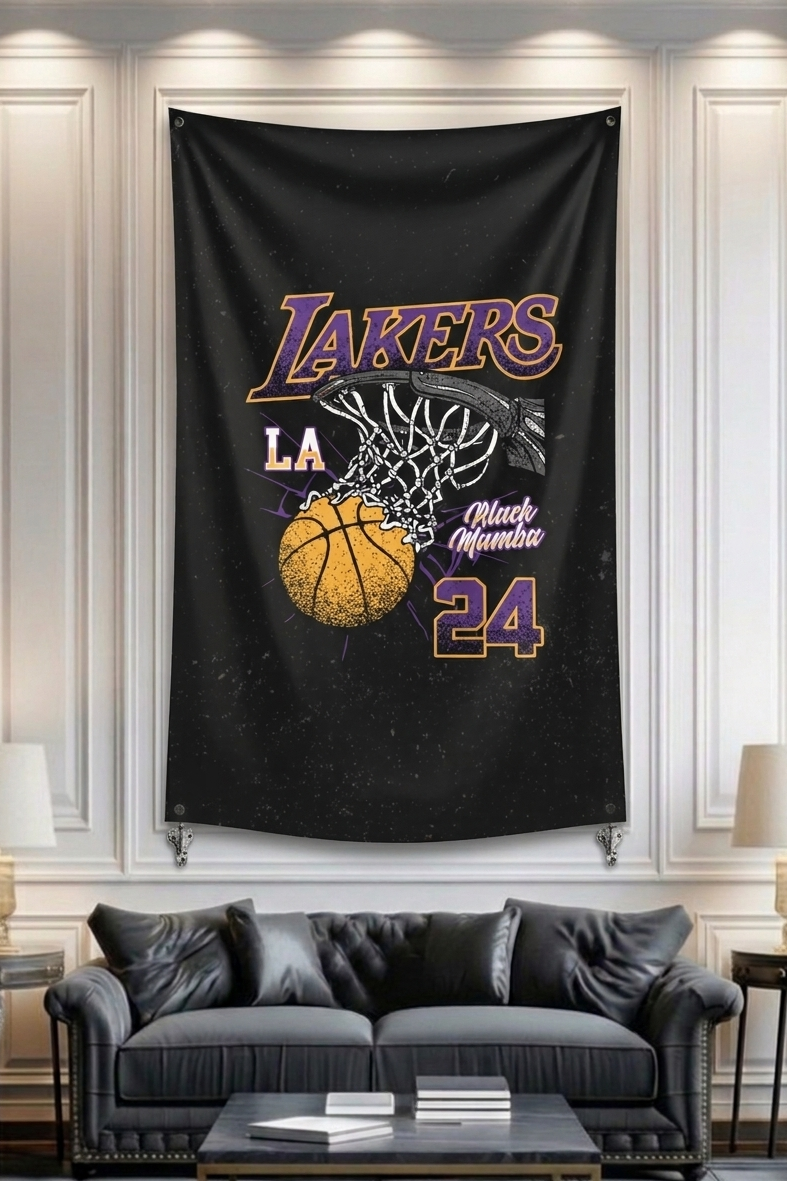 Lakers Black Mamba 24 velvet wall tapestry – bold Kobe Bryant number 24 retro sports graphic in purple gold and black