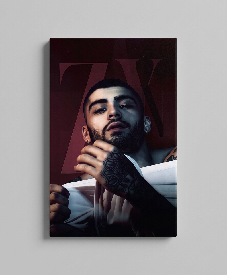 Zayn Malik velvet wall tapestry – dark burgundy editorial portrait with ZM initials and moody cinematic tones