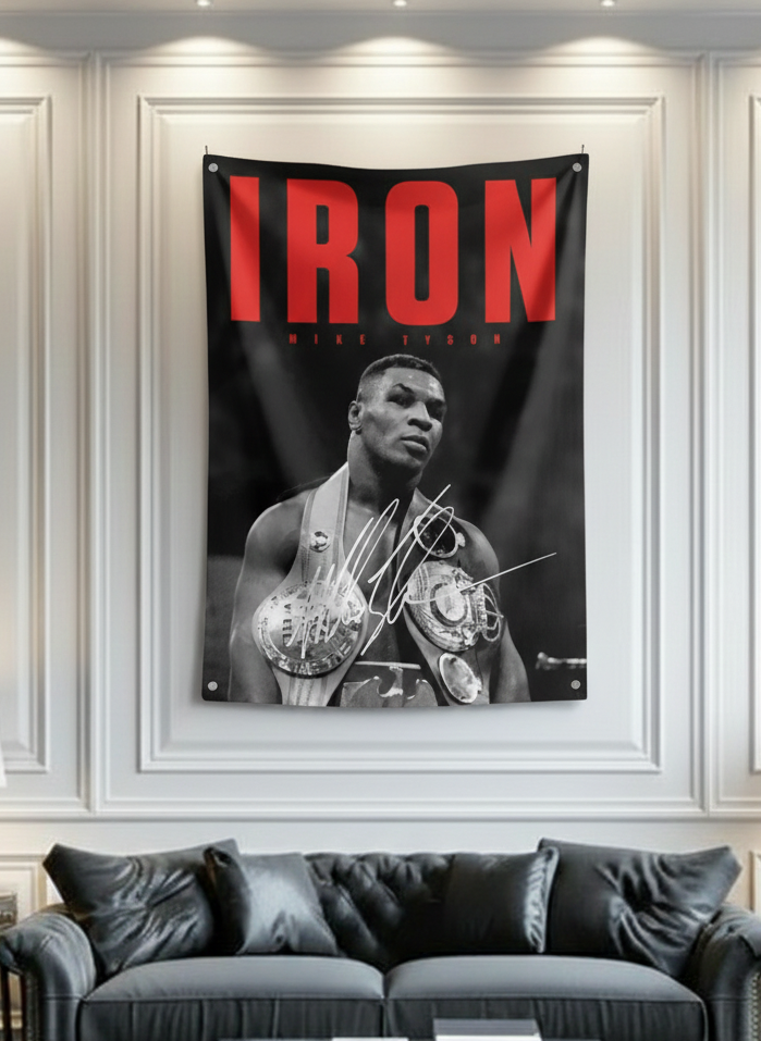Mike Tyson IRON Belt velvet wall tapestry – cinematic boxing portrait with red IRON typography and championship belt in B&W