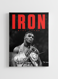 Mike Tyson IRON Belt velvet wall tapestry – heavyweight championship pose with bold red block letters and white signature on black and white portrait