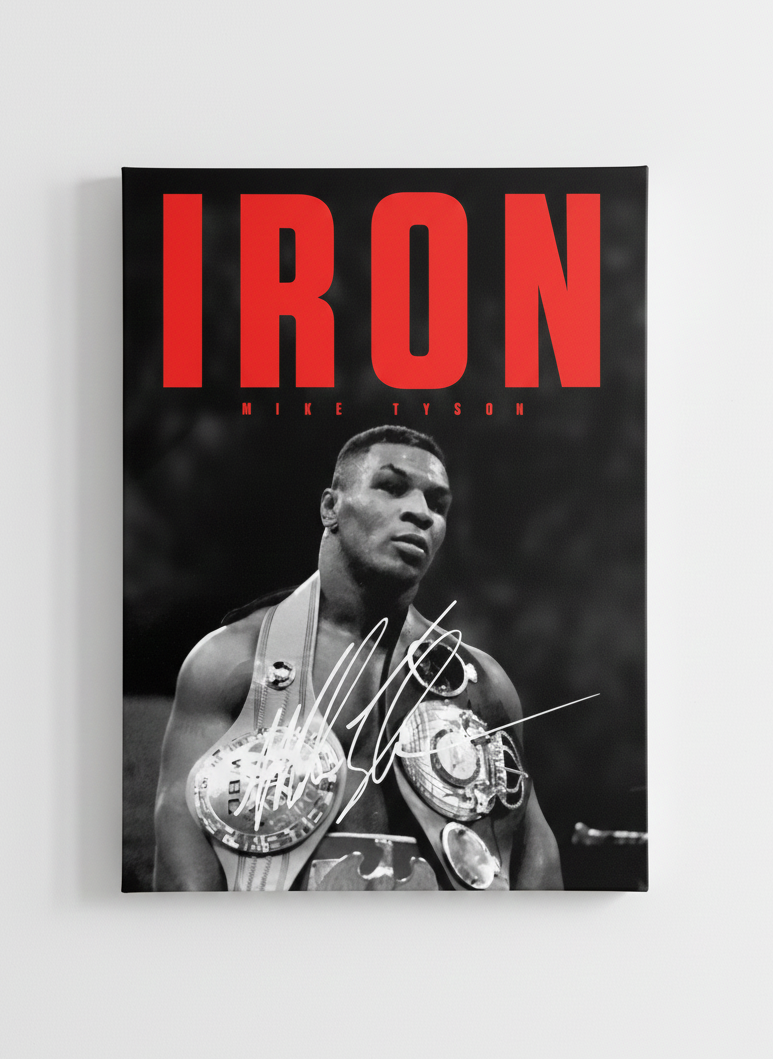 Mike Tyson IRON Belt velvet wall tapestry – heavyweight championship pose with bold red block letters and white signature on black and white portrait