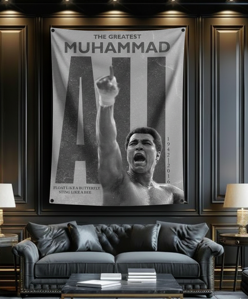 Muhammad Ali The Greatest velvet wall tapestry – monochrome boxing legend portrait with bold typographic name treatment