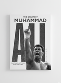 Muhammad Ali The Greatest velvet wall tapestry – clean editorial black and white portrait with raised fist bold name and 1942-2016 dates on white background