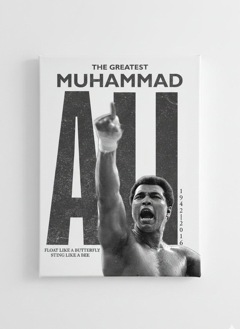 Muhammad Ali The Greatest velvet wall tapestry – clean editorial black and white portrait with raised fist bold name and 1942-2016 dates on white background