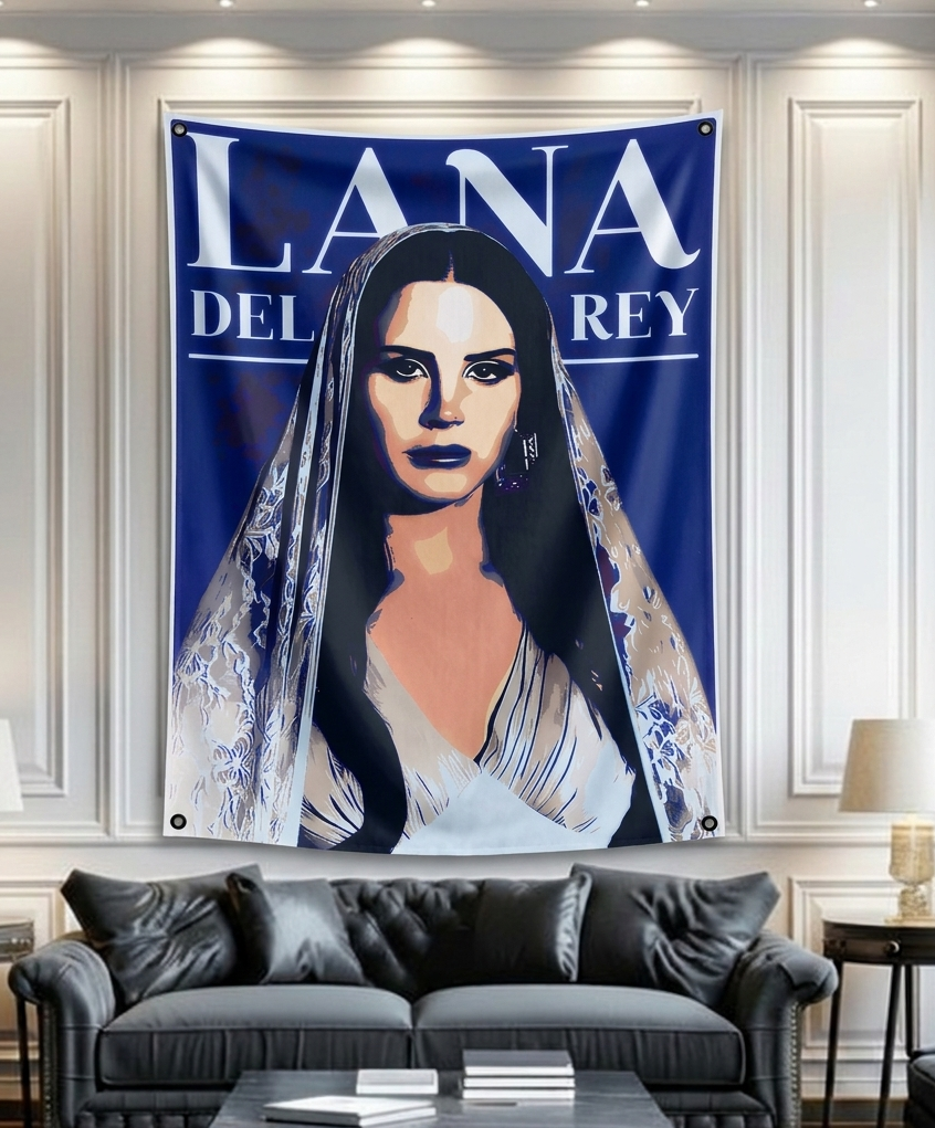 Lana Del Rey pop art velvet wall tapestry – blue aesthetic music fan art mockup on bedroom wall