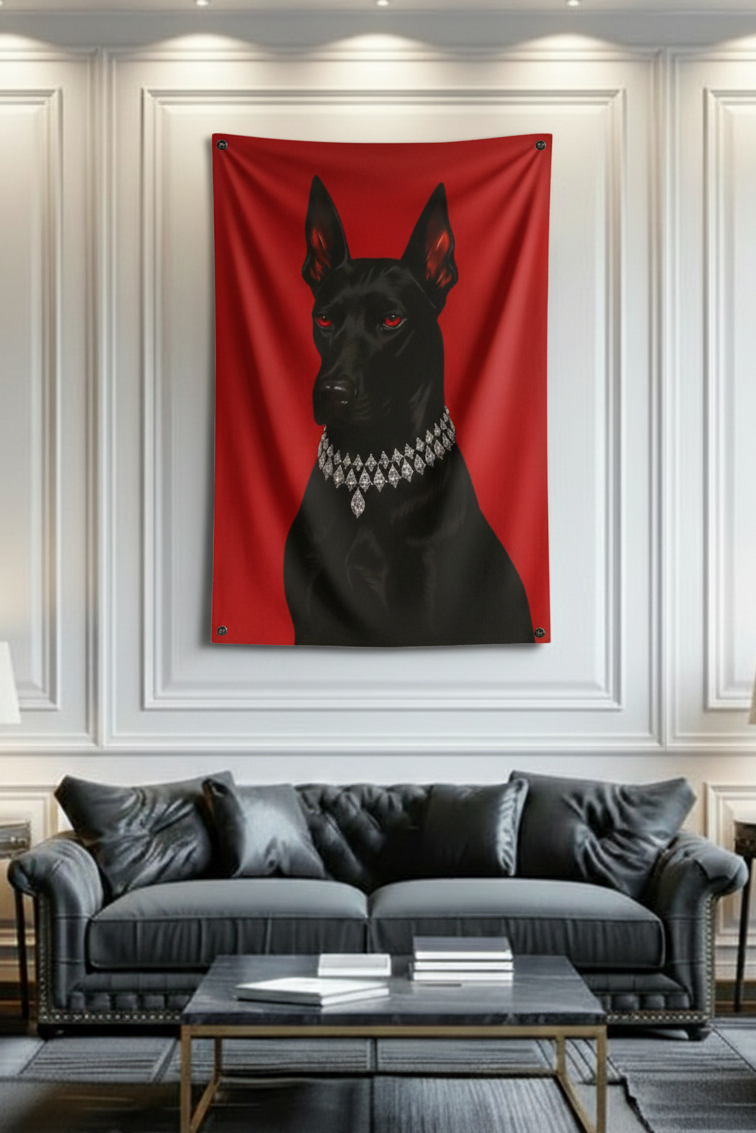 Black dog diamond necklace velvet wall tapestry – room mockup showing tapestry hung on bedroom wall