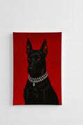 Black dog diamond necklace velvet wall tapestry – black dog wearing diamond necklace on deep red background flat product view