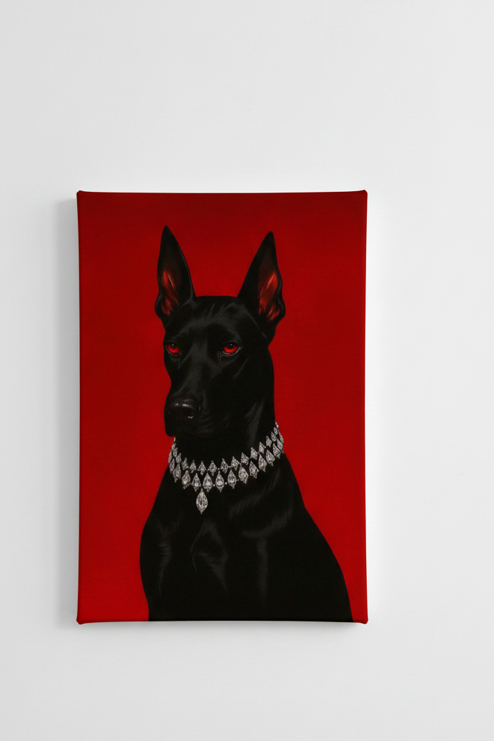 Black dog diamond necklace velvet wall tapestry – black dog wearing diamond necklace on deep red background flat product view