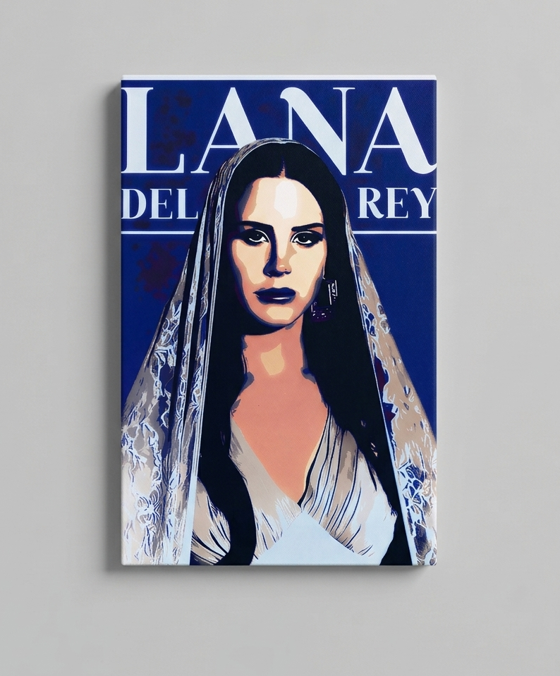 Lana Del Rey pop art velvet wall tapestry – bold cobalt blue graphic portrait with lace veil dark feminine aesthetic