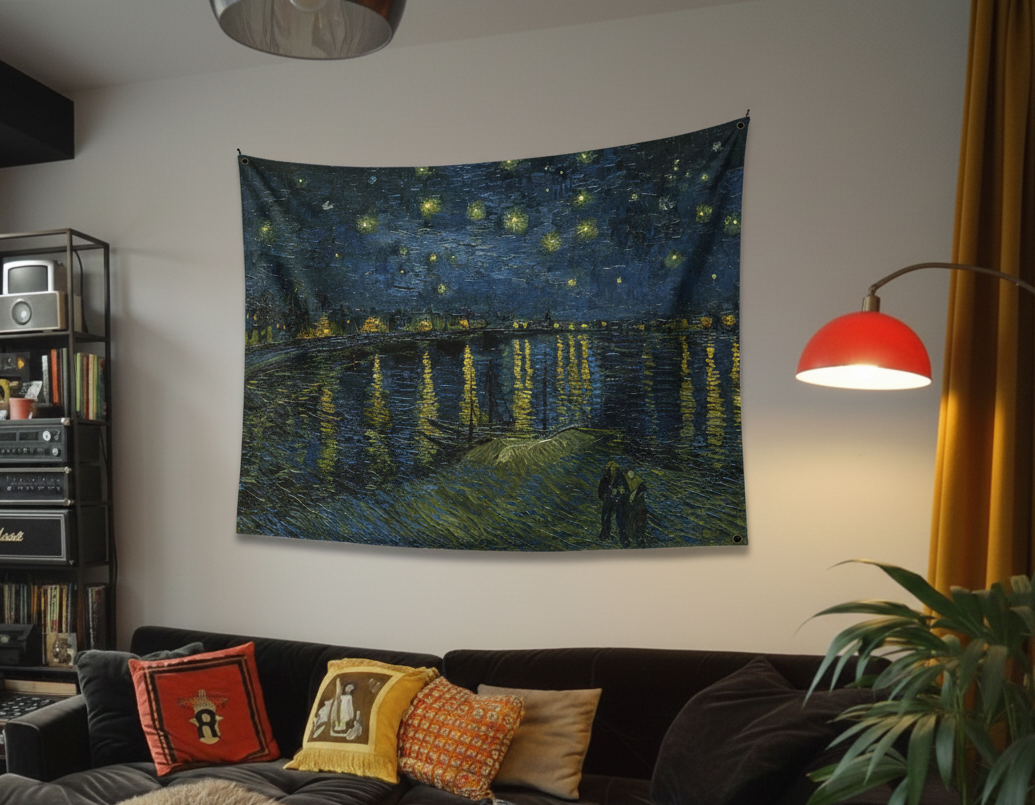 Van Gogh Starry Night Over the Rhone velvet wall tapestry – room mockup showing tapestry hung on bedroom wall
