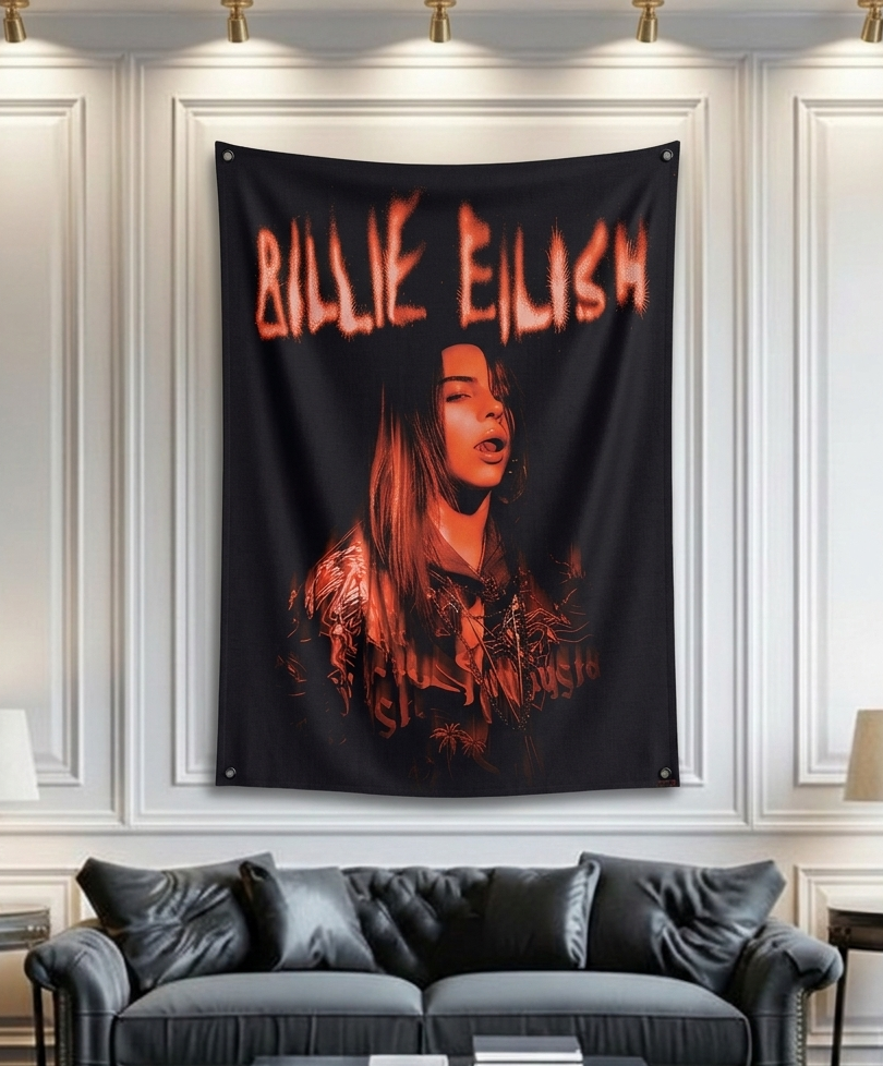 Billie Eilish velvet wall tapestry – dark red and black music fan art concert poster aesthetic mockup on bedroom wall
