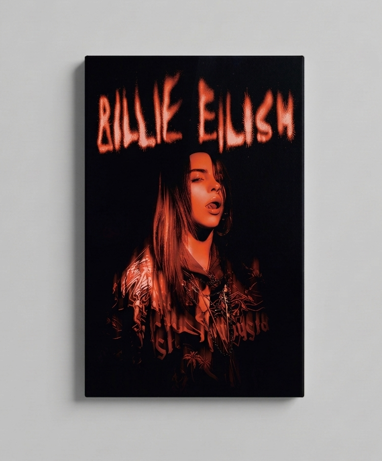 Billie Eilish velvet wall tapestry – dark red-lit portrait with dripping graffiti name script on pure black background
