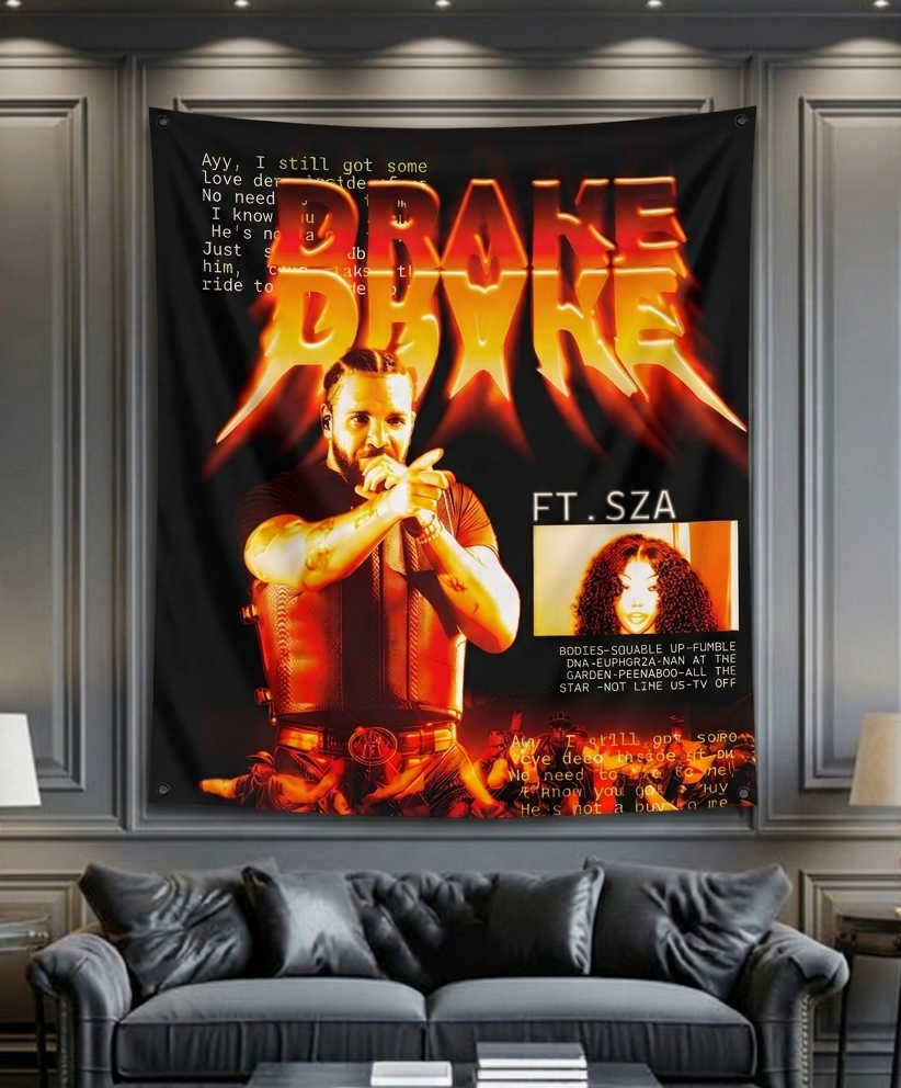 Drake x SZA fire velvet wall tapestry – hip hop music fan art mockup with flame aesthetic on bedroom wall