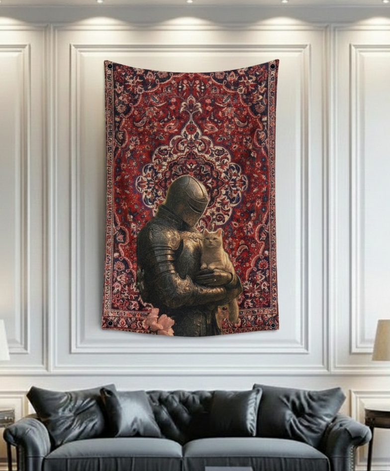 Knight holding cat velvet wall tapestry – room mockup showing tapestry hung on bedroom wall